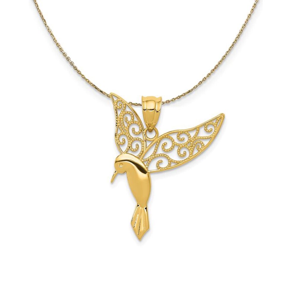 14k Yellow Gold Filigree Hummingbird Necklace - 24 Inch